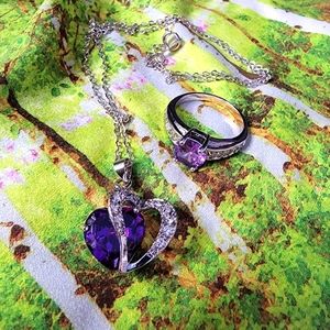 CZ Amethyst Heart Necklace and Ring Set 18kgp